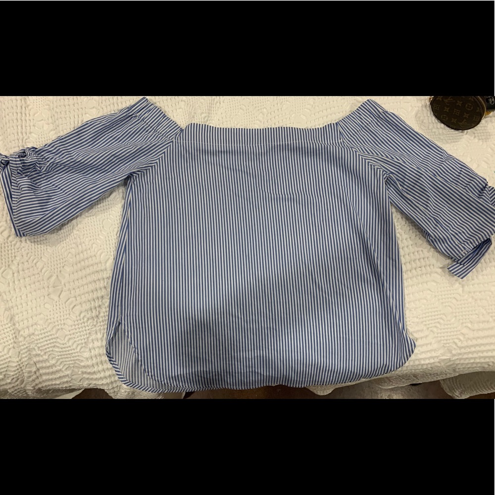 Off the shoulder blue and white top